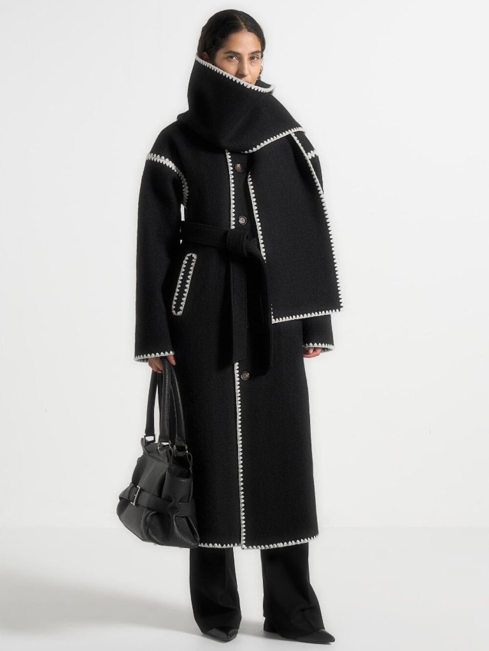 NWT Manière De Voir Elora Black Wool Blanket Stitch Belted Longline Coat Sz 12